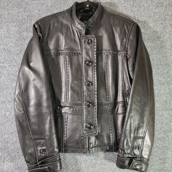 Style & Co Womens Leather Jacket Black Size Large Zip Front Purple Stitch Y2K - Picture 1 of 8